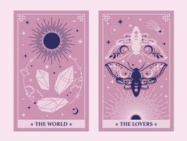 tarot cartes le monde et le les amoureux, céleste tarot cartes de base sorcière tarot entouré par lune et étoiles. vecteur illustration.
