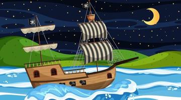 océan avec bateau pirate à la scène de nuit en style cartoon vecteur