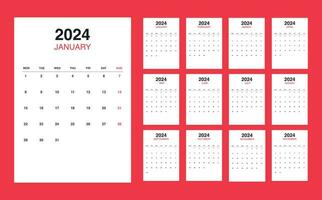 calendrier 2024 la semaine début lundi. modifiable 2024 calendrier conception modèle pour content Nouveau an. vecteur