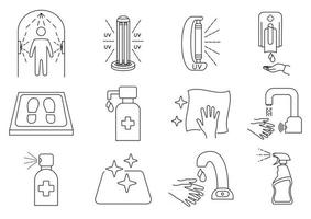 icônes de ligne de désinfection. surface nettoyante et désinfectante, flacon pulvérisateur, gel lave-mains, lampe uv, tapis désinfectant, robinet et distributeur sans contact, tunnel de désinfection. trait modifiable. vecteur