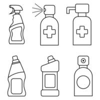 bouteilles de produits chimiques ménagers. détergent liquide ou savon, détachant, nettoyant pour salle de bain ou toilettes. spray désinfectant. bidon de désinfectant avec doseur à pompe. contenants de désinfectant pour les mains vecteur