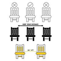 ne vous asseyez pas ici. sièges interdits, icône. signalétique pour restaurants et lieux publics. distanciation sociale, distanciation physique assise sur une chaise publique, icône de contour. garde tes distances. vecteur