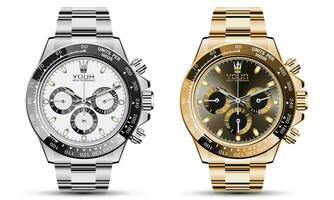 réaliste luxe l'horloge regarder chronographe argent or collection sur blanc Contexte vecteur