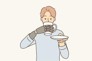 homme avec bionique prothétique bras les boissons café sentiment comme Achevée la personne Merci à innovations dans médicament. gars les usages haute technologie prothétique main et jouit la vie en portant agresser de chaud thé vecteur