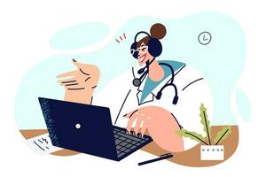 femme médecin fournit télémédecine prestations de service, séance à table avec portable et à distance diagnostic l'Internet clients. fille fait du carrière dans champ télémédecine, vouloir à Aidez-moi gens de loin villes vecteur