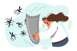 maliaire les moustiques attaque femme avec bouclier, en essayant à protéger se de mord de suceur de sang insectes. concept en utilisant anti les moustiques crèmes ou fumigateurs et protecteur écrans pour les fenêtres vecteur