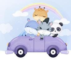 adorables bébés animaux chevauchant ensemble dans une voiture vecteur