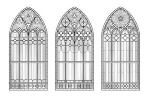 verre église les fenêtres. catholique noir et blanc arcs. vecteur