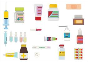 ensemble de médicament bouteilles et pilules collection. bouteilles de médicaments.comprimés, capsules vitamines. vecteur plat illustration et santé style.