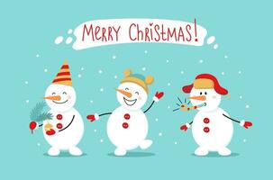 joyeux Noël. de bonne humeur mignonne bonhommes de neige pour salutation carte, bannière, affiche. vecteur dessin animé illustration dans plat style.