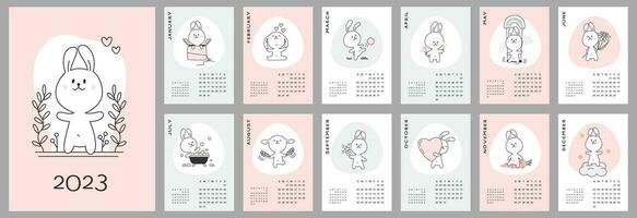 mur calendrier conception modèle pour 2023 année de le lapin. lapin calendrier. ensemble pour 12 mois. vecteur images avec mignonne lapins