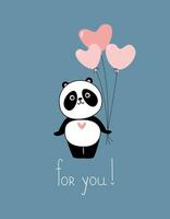 marrant mignonne Panda ours avec en forme de coeur des ballons et le une inscription pour toi. vecteur illustration dans plat style pour carte postale, bannière, T-shirt impression