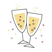 verres à champagne avec bulles et confettis. illustration plate festive, impression, vecteur