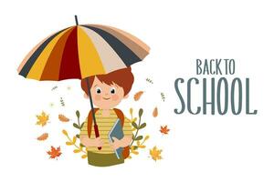 retour à école. mignonne écolier avec livres et un parapluie sur le Contexte de l'automne feuilles. dessin animé style. l'automne école imprimer, vecteur