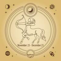 signe du zodiaque sagittaire, signe astrologique horoscope. dessin de contour dans un cercle décoratif avec des symboles astronomiques mystiques. vecteur