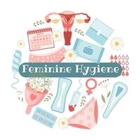 féminin hygiène ensemble. menstruel période concept. menstruel tasse, tampons, utérus, savon, culotte, mensuel calendrier, sanitaire serviette de table et pilules. vecteur