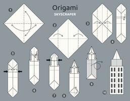 gratte-ciel origami schème Didacticiel en mouvement modèle. origami pour enfants. étape par étape Comment à faire une mignonne origami bâtiment. vecteur illustration.