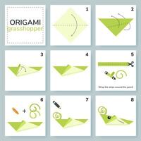 sauterelle origami schème Didacticiel en mouvement modèle. origami pour enfants. étape par étape Comment à faire une mignonne origami insecte. vecteur illustration.