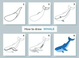 dessin Didacticiel. Comment à dessiner baleine. éducation et activité page pour préscolaire et école les enfants. des gamins feuille de travail. étape par étape art cours avec bleu baleine. vecteur illustration.