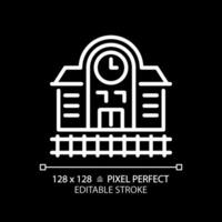 2d pixel parfait modifiable blanc chemin de fer station icône, isolé vecteur, bâtiment mince ligne illustration. vecteur