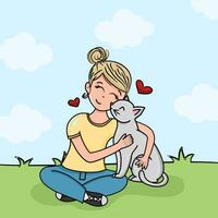 content fille en portant une chat vecteur dessin animé. mignonne enfant ayant une animal de compagnie ami pour récréation.
