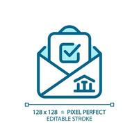 2d pixel parfait bleu icône avec coche et enveloppe représentant vote, isolé vecteur illustration