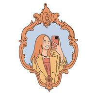 fille fait du selfie dans le miroir. femme prise image photo de se sur téléphone intelligent. mode, social médias concept. plat contour style. vecteur illustration