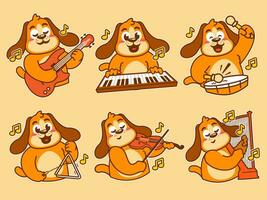 chien dessin animé autocollant en jouant la musique vecteur