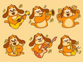 chien dessin animé autocollant en jouant la musique vecteur