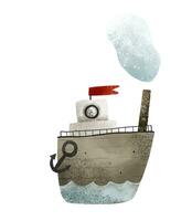 agrafe art avec puéril main peint bateaux, navires, l'eau transport. mignonne illustration sur blanc arrière-plan, des gamins art. océan en voyageant vecteur