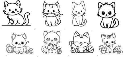 chat ligne dessin vecteur illustrations. cette ensemble Caractéristiques 8 mignonne chat dessins dans dessin animé style. vous pouvez utilisation leur pour salutation cartes, autocollants, affiches, t-shirts et plus.