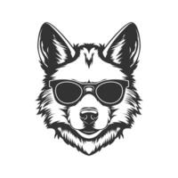 Loup portant des lunettes de soleil, ancien logo ligne art concept noir et blanc couleur, main tiré illustration vecteur
