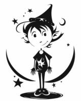 une dessin animé sorcière permanent sur le lune avec étoiles vecteur