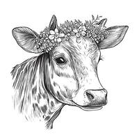 vache portrait avec fleurs sur tête main tiré esquisser vecteur illustration