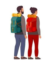 couple de touristes, une gars et une fille en marchant avec sacs à dos. tourisme, des loisirs, Roche escalade. vecteur illustration.