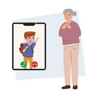 content grand-mère et petit fils ayant une vidéo appel. distance famille, relation, technologie, multigénérationnel concept vecteur