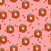 enveloppé rouge cadeau boîte avec ruban et rouge cœur vecteur sans couture modèle. romantique la Saint-Valentin journée texture Contexte