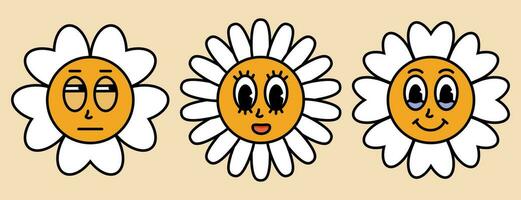 Marguerite fleurs avec dessin animé marrant visages. Floraison camomille avec différent émotion soupçon, mignon, en portant retour larmes. autocollant pack dans branché rétro. 30s, 50 ans, Années 60 ancien bande dessinée sourire. vecteur illustration