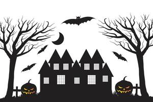 Halloween horreur Château hanté maison bâtiment silhouette vecteur, noir et blanc chauve souris et fantôme effrayant loger, effrayant nuit fête 31 octobre illustration thème, arbres citrouilles tombes sorcière lune des croix vecteur