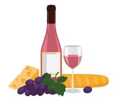 bouteille de Rose vin, du vin dans une verre, fromage, baguette et raisin. vecteur graphique.