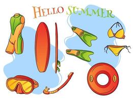 articles de loisirs en bord de mer d'été style de dessin animé de sport nautique vecteur