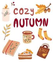 articles d'automne confortables. tisane, tarte à la citrouille, disque de jazz, livre, chaussettes tricotées, bougie. idée de confort et de style de vie confortable, humeur d'hiver et d'automne. illustration vectorielle hygge dessinés à la main. vecteur