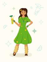femme permanent avec rafraîchissant boisson vecteur illustration. bronzé fille dans vert robe détient limonade.