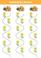 tracé lignes pour enfants. mignonne coccinelle et fleurs. écriture entraine toi. vecteur