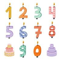 mignonne ensemble avec anniversaire nombre bougies de 0 à 9 et gâteau dans scandinave style. décoration pour vacances gâteau pour fête anniversaire, anniversaire, mariage. stylisé main tiré clipart vecteur