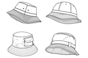 ensemble de seau chapeau contour dessin vecteur, seau chapeau dans une esquisser style, modèle contour pour entraînement, vecteur illustration.