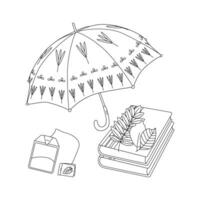 parapluie, livre, feuilles, thé. Bonjour l'automne. l'automne saison élément, icône. ligne art. vecteur