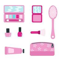 ensemble de branché rose produits de beauté éléments dans plat style. œil ombre, rougir, clou polonais, cosmétique sac, main crème, brosse dessin animé Icônes. vecteur