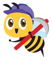dessin animé mignon abeille portant un capuchon de sécurité violet et tenant un outil de houe. abeille souriante mascotte mignonne vecteur