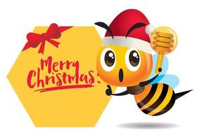 joyeux Noël. dessin animé mignon abeille une main pointant vers l'enseigne avec joyeux noël lettrage, une main tenant une louche de miel. vecteur